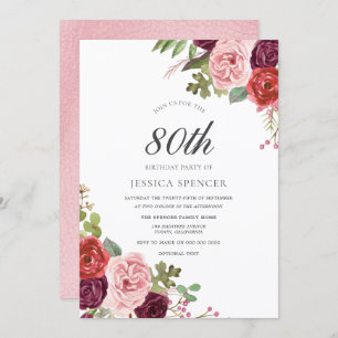 Invitation Blush & Bourgogne Floral 80e anniversaire Invitati