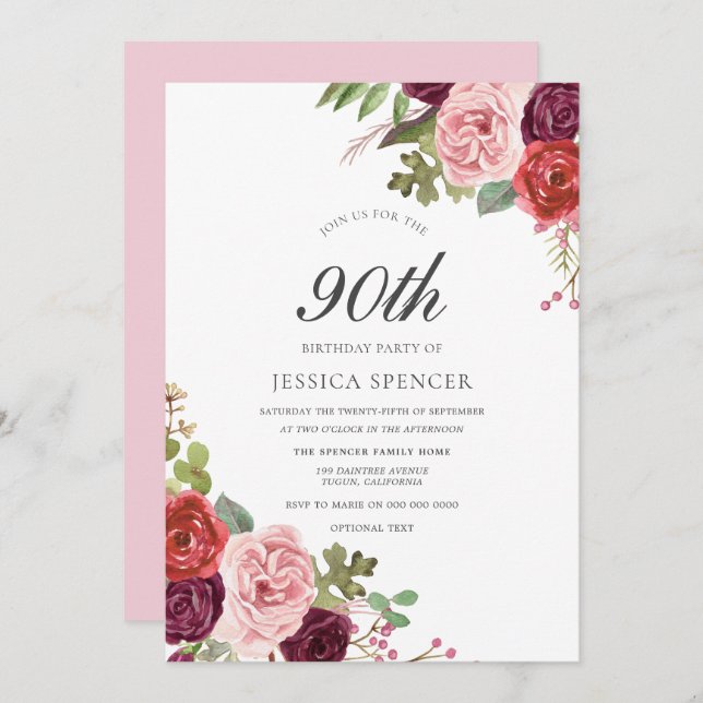 Invitation Blush & Bourgogne Floral 90e anniversaire Invitati (Devant / Derrière)