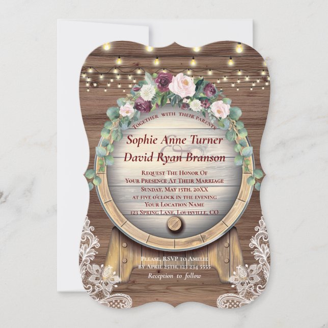 Invitation Blush Bourgogne Floral Baril de vin Mariage dentel (Devant)