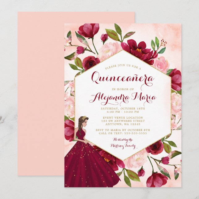 Invitation Blush Bourgogne Floral Gold Gown Quinceanera (Devant / Derrière)