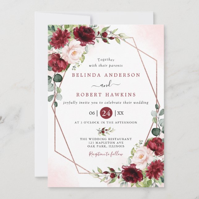 Invitation Blush Bourgogne Floral Moderne Mariage cadre or (Devant)