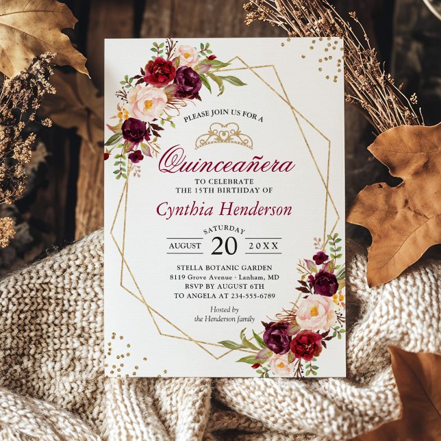 Invitation Blush Bourgogne Floral Quinceañera 15e anniversair (Créateur téléchargé)