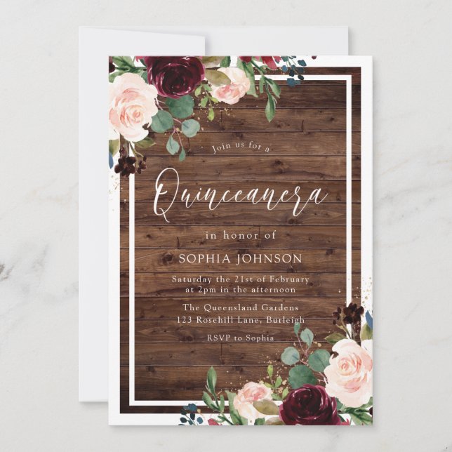 Invitation Blush Bourgogne Rouge Floral Russe Bois Quinceaner (Devant)