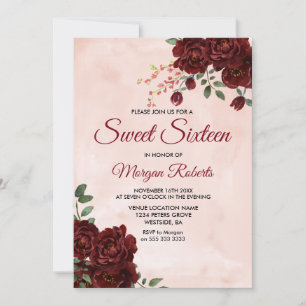 Invitation Blush Bourgogne Rouge Rose Floral Sweet 16 Invitat