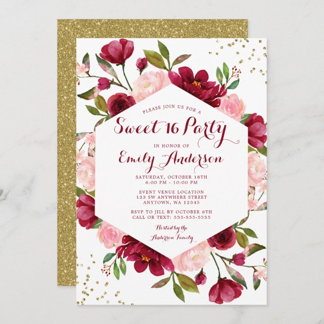 Invitation Blush Bourguignon Floral Moderne Sweet 16 (Devant / Derrière)
