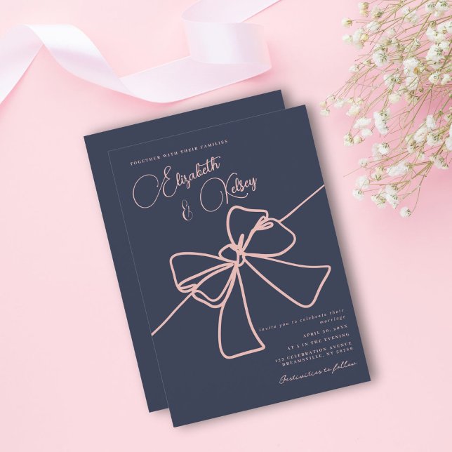 Invitation Blush Bow Élégance Chic Ardoise Bleue Mariage (Créateur téléchargé)