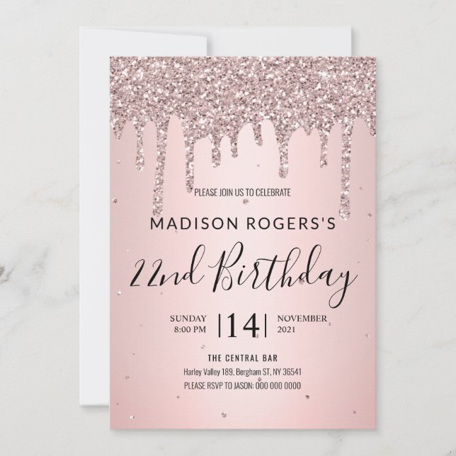 Invitation Blush bronze jeune fille dame pailleté (Devant)