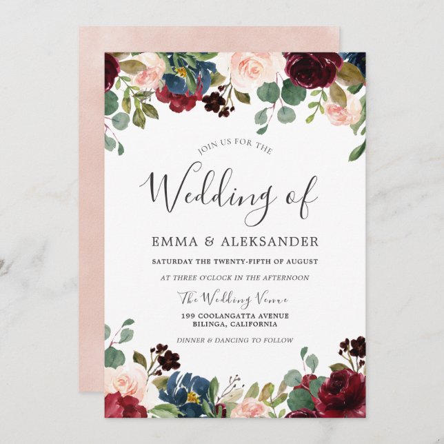 Invitation Blush & Burgundy Aquarelle Floral Wedding Invitati (Devant / Derrière)