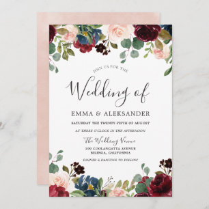 Invitation Blush & Burgundy Aquarelle Floral Wedding Invitati
