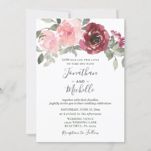 Invitation Blush Burgundy Argent Floral Mariage chrétien