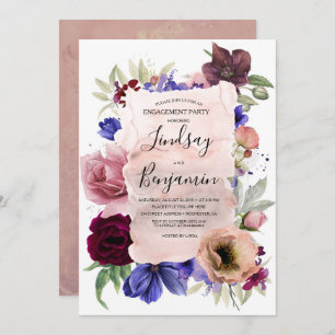 Invitation Blush Burgundy Blue Floral Engagement Party
