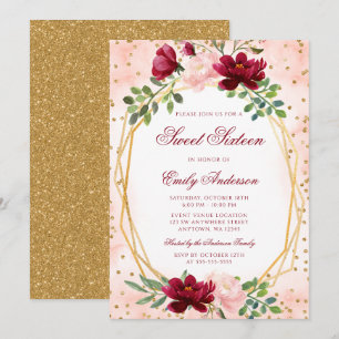 Invitation Blush Burgundy Floral Gold Géométrique Sweet 16