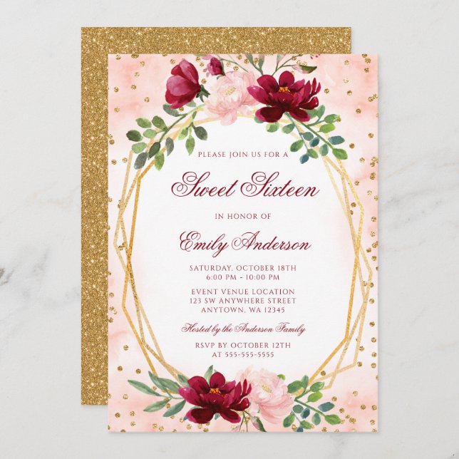 Invitation Blush Burgundy Floral Gold Géométrique Sweet 16 (Devant / Derrière)