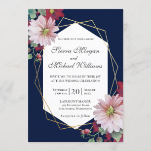 Invitation Blush Burgundy Floral Navy Gold Mariage géométriqu