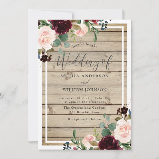 Invitation Blush & Burgundy Floral Rustic Spring Mariage de a (Devant)