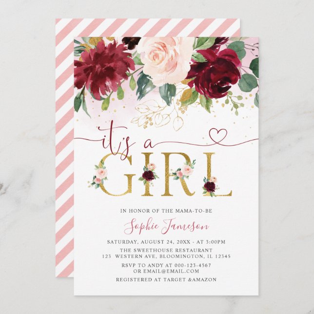 Invitation Blush Burgundy Gold Floral C'est un Baby shower fé (Devant / Derrière)