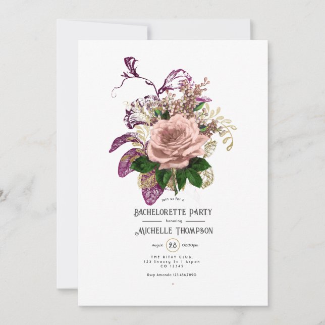 Invitation Blush Burgundy Gold Shabby Floral Bachelorette (Devant)
