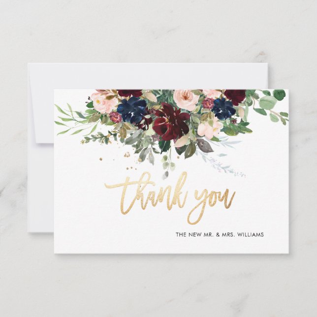Invitation Blush Burgundy Marine Flowers Merci Faux Gold (Devant)
