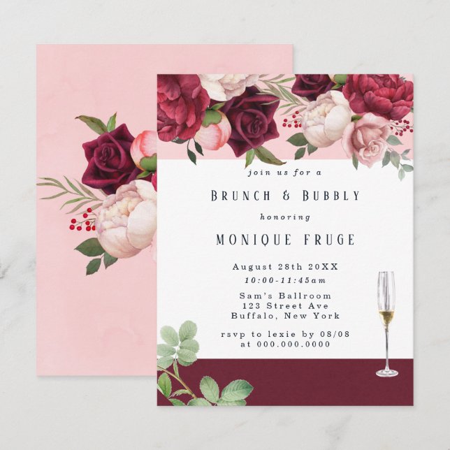 Invitation Blush Burgundy Peony Chic Brunch & Bubbly Invitati (Devant / Derrière)