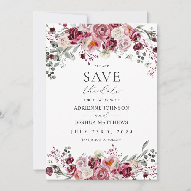 Invitation Blush & Burgundy Peony Roses Mariage Enregistrer L (Devant)
