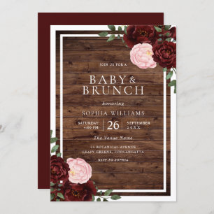 Invitation Blush & Burgundy Red Roses Rustique Baby shower en