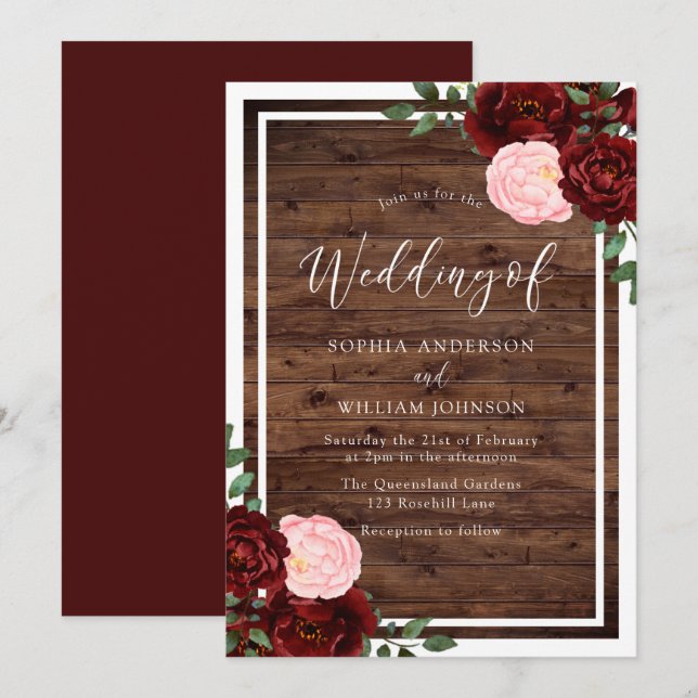 Invitation Blush & Burgundy Red Roses Rustique Mariage en boi (Devant / Derrière)