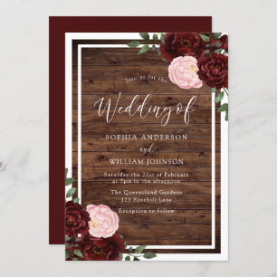 Invitation Blush & Burgundy Red Roses Rustique Mariage en boi