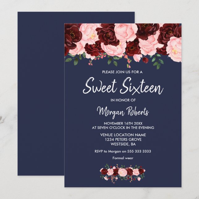 Invitation Blush Burgundy Rose Marine Bleu Sweet 16 Invitatio (Devant / Derrière)