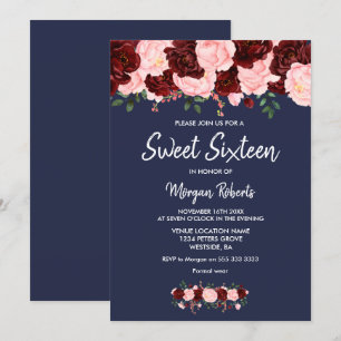 Invitation Blush Burgundy Rose Marine Bleu Sweet 16 Invitatio