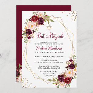 Invitation Blush Burgundy Rouge Floral Bat mitzvah géométriqu