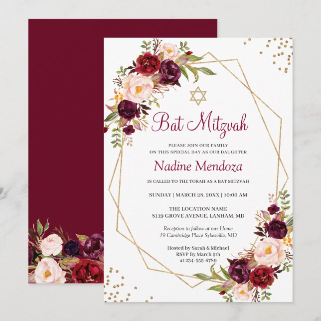 Invitation Blush Burgundy Rouge Floral Bat mitzvah géométriqu (Devant / Derrière)