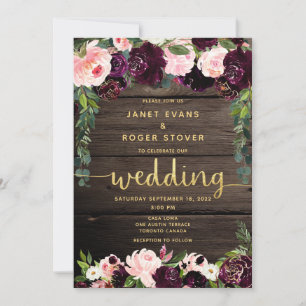 Invitation Blush Burgundy Rustic Mariage de calligraphie or