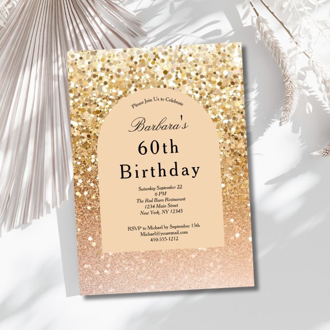 Invitation Blush Champagne Doré Paillettes 60e Anniversaire (Champagne Gold Blush pink Glitter 60th ( or any year ) Birthday invitation. Printed or digital )