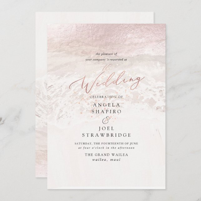 Invitation Blush Coastal+Champagne Bulles Mariage élégant (Devant / Derrière)