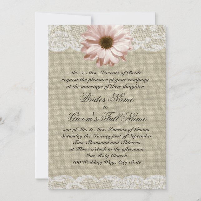 Invitation Blush Daisy et Lace Country Burlap Mariage (Devant)