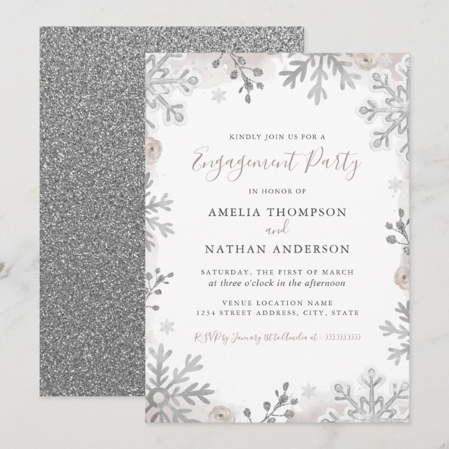 Invitation Blush de flocon de neige d'hiver Mariage Fiançaill (Devant / Derrière)