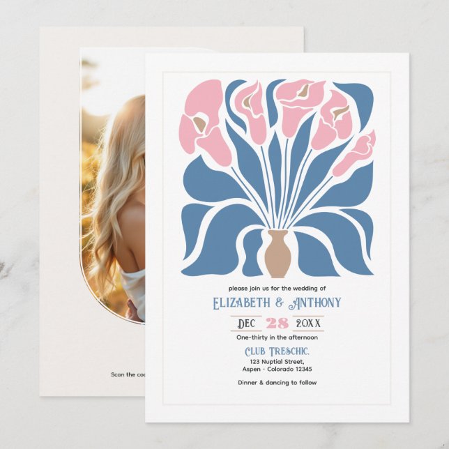 Invitation Blush & Denim Clay Abstract Floral Boho Wedding (Devant / Derrière)