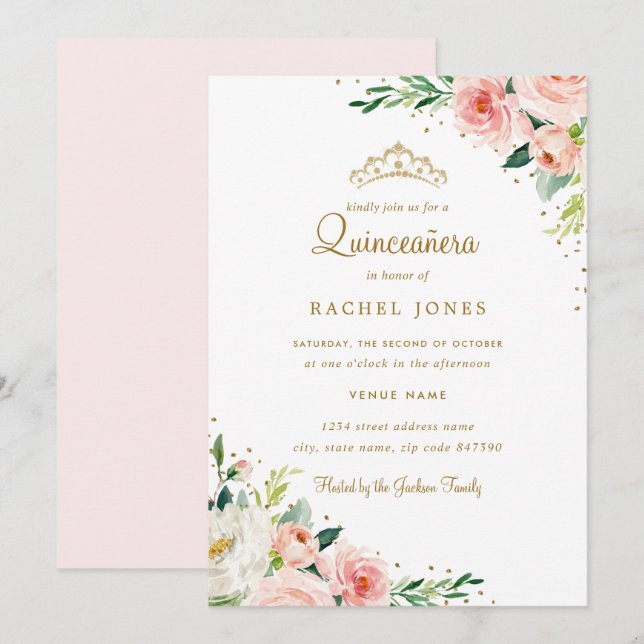 Invitation Blush Doré Floral Quinceanera (Devant / Derrière)