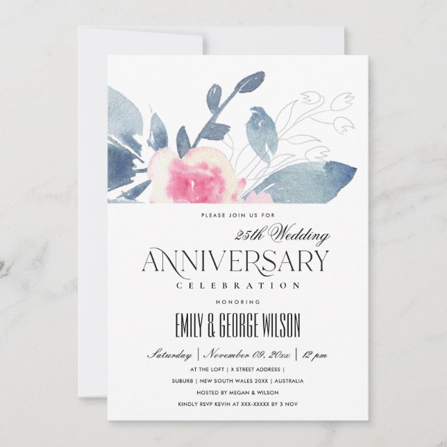 Invitation BLUSH DOUX BLEU FLORAL 25e ANNIVERSAIRE DE TOUTE A (Devant)