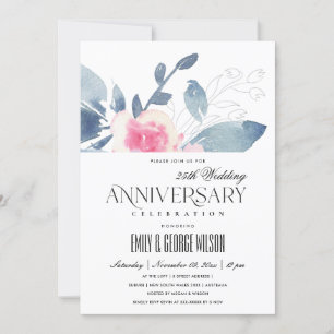Invitation BLUSH DOUX BLEU FLORAL 25e ANNIVERSAIRE DE TOUTE A