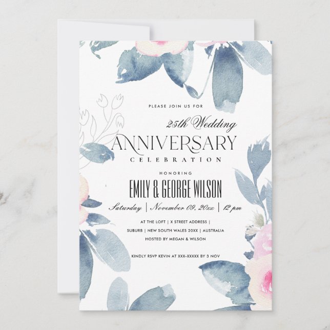 Invitation BLUSH DOUX BLEU FLORAL 25e ANNIVERSAIRE DE TOUTE A (Devant)