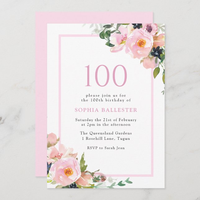 Invitation Blush Dreams Floral Womans 100e fête d'anniversair (Devant / Derrière)