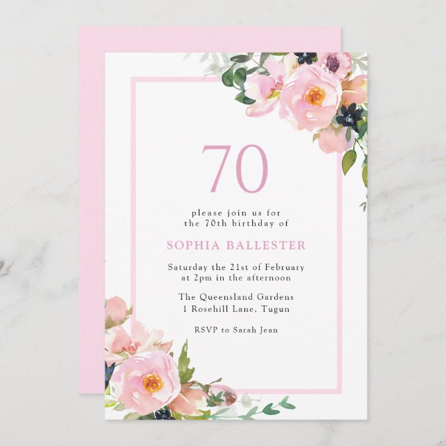 Invitation Blush Dreams Floral Womans 70e fête d'anniversaire (Devant / Derrière)