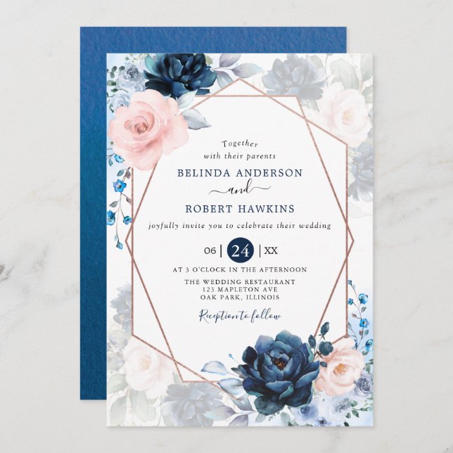 Invitation Blush Dusty et Navy Blush Rose FlorMariage (Devant / Derrière)