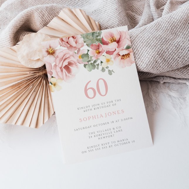 Invitation Blush Dusty Rose Floral 60e fête d'anniversaire (Créateur téléchargé)
