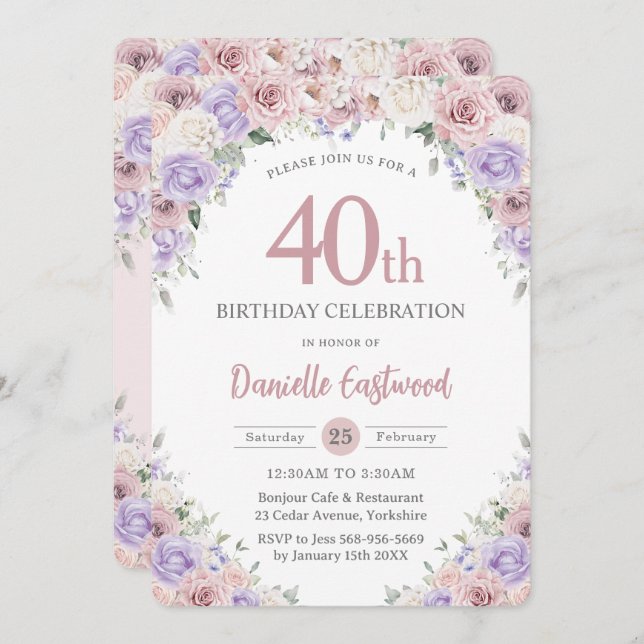 Invitation Blush Dusty rose violet Floral 40e 60e anniversair (Devant / Derrière)