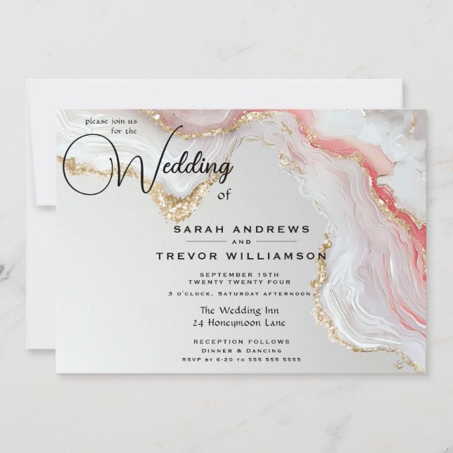 Invitation Blush Élégant et Encre Fluide Or Agate  (Devant)