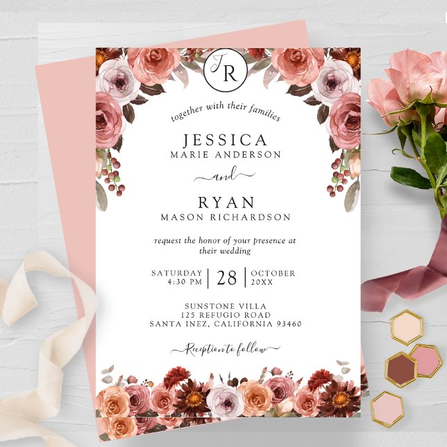 Invitation Blush et Bourgogne, Mariage Floral Monogram (Créateur téléchargé)