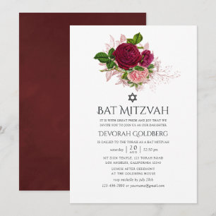 Invitation Blush et burgundy floral vintage chic pour Bat Mit