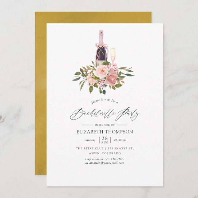 Invitation Blush et Gold Floral Bachelorette Party (Devant / Derrière)